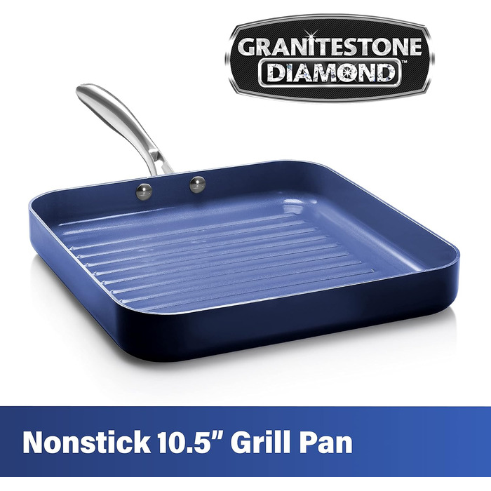 Сковорода-гриль Granitestone Blue з антипригарним покриттям, 26.7 см, з алмазною інфузією, канавки для зливу жиру, не нагрівається, ручка з нержавіючої сталі, придатна для духовки та мийки, 100% PFOA-free