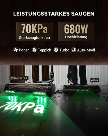Proscenic P20: Акумуляторний пилосос 2-в-1 з функцією вологого прибирання, 70 кПа, 70 хв, 680 Вт, чорний. Для килимів та шерсті тварин