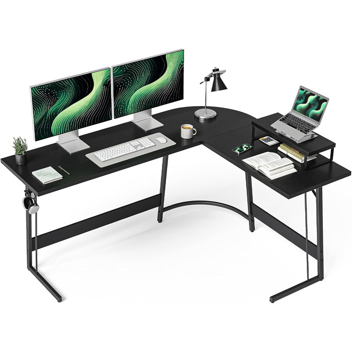 Ігровий кутовий стіл CubiCubi L-подібної форми, 150 x 120 см, чорний, з підставкою для монітора, для геймінгу