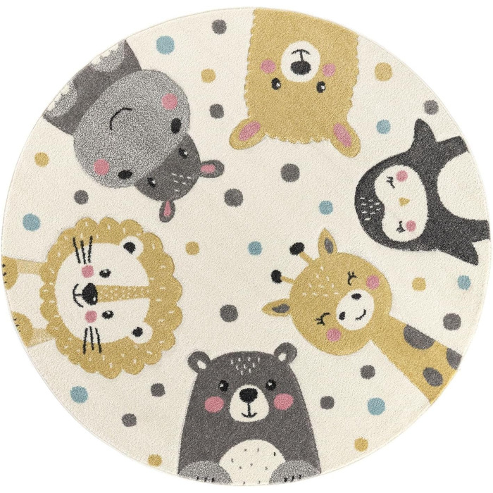 Круглий дитячий килимок Дитячий килим Тварини, які можна прати Зоопарк Лама Пінгвін Лев Ведмідь, Колір Бежевий, Розмір 120 см Круглий 120 см Круглий бежевий