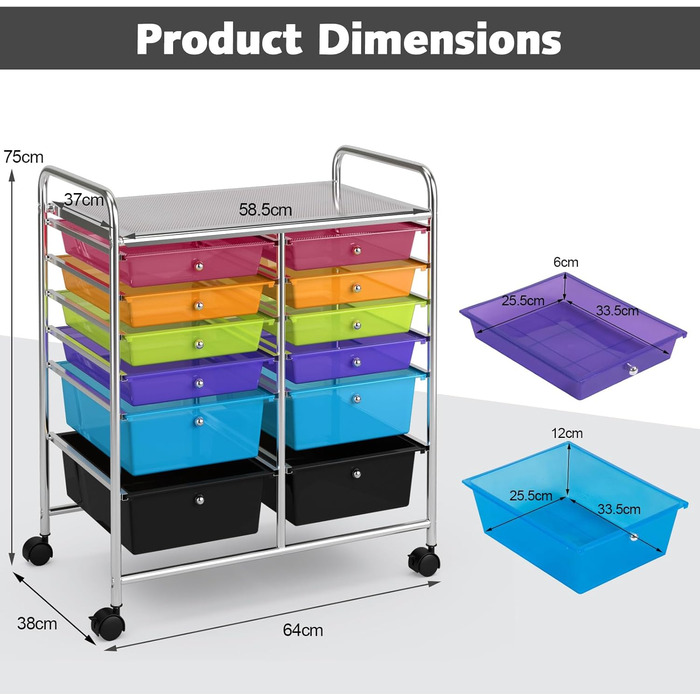 Візок GIANTEX з 12 шт. абельованими ящиками, коліщатка, що замикаються, для кухні, ванної кімнати, офісу, 64x38x75 см (різнокольоровий)
