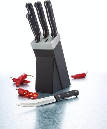 Набір ножів KitchenCraft з підставкою (5 шт.) з нержавіючої сталі, з нержавіючої сталі, з приглушеними ручками, миється в посудомийній машині, срібно-чорний, 15 x 8 x 29,5 см
