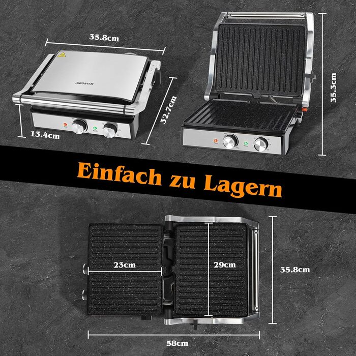 Контактний гриль Aigostar з керамічним покриттям, таймер на 30 хв. Паніні гриль та сендвічмейкер для сендвічів, стейків, тостів. 2000 Вт, регульований термостат, відкривання 180°, функція грилю