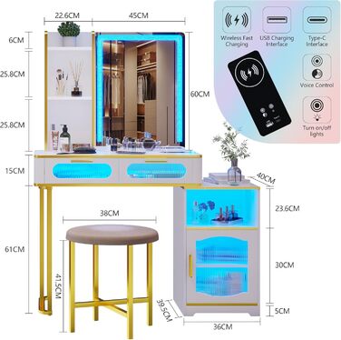 Туалетний столик LVSOMT зі світлодіодним освітленням, табурет, USB/Type-C, 2 висувні ящики, дерево, білий