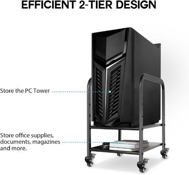 Підставка для комп'ютера 360Tronics, регульована по висоті, 2-ярусна, для Mini/Mid-Tower, металева, з колесами, для дому та офісу, чорна