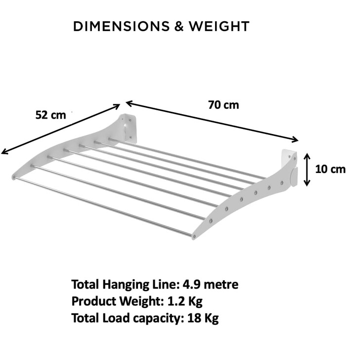 Сушарка Step Up - настінна - Висувна - Складна сушарка, складна для приміщень або вулиці - Компактна конструкція, вантажопідйомність 30 кг, кабель 8,4 м ( ) (вертикальний білий, 70 см)