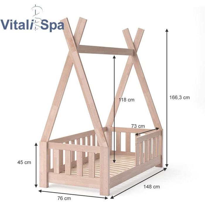 Вігвам-ліжко VitaliSpa вігвам, 148 х 76 см і матрац (натуральне дерево, з огорожею і матрацом)