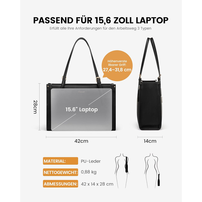 LOVEVOOK Сумка для ноутбука 15.6 дюймів, жіноча, велика, водонепроникна, сумка-шоппер, ділова, з PU шкіри, для офісу, навчання, чорна