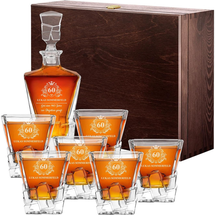 Мавертон Карафа для віскі 950 мл + Набір з 6 склянок для віскі з гравіюванням - Декантер для віскі - Подарунок на Різдво - Люксовий дизайн - Крісталльне скло - для чоловіків на день народження - Корона