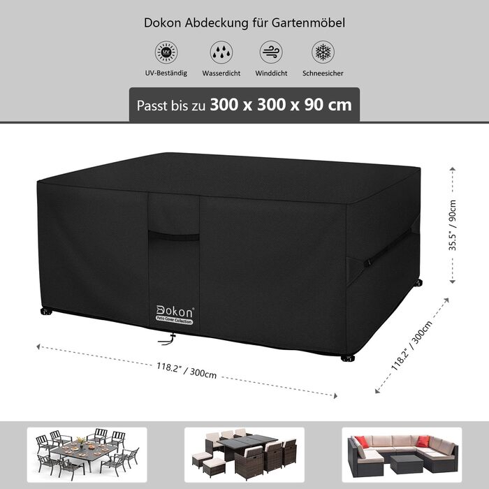 Водостійкий чохол для садово-патіо меблів 300x300x90 см, чорний, з вентиляційними отворами, 420D Oxford, захист від пилу та УФ-променів