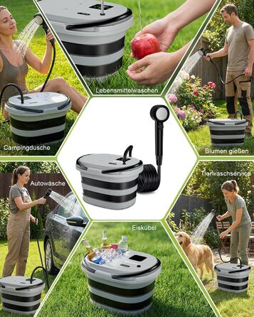 Campingdushe з насосом 20л, портативний душ з акумулятором 13000mAh, LED-індикатор, 5 режимів, для кемпінгу, подорожей, миття тварин