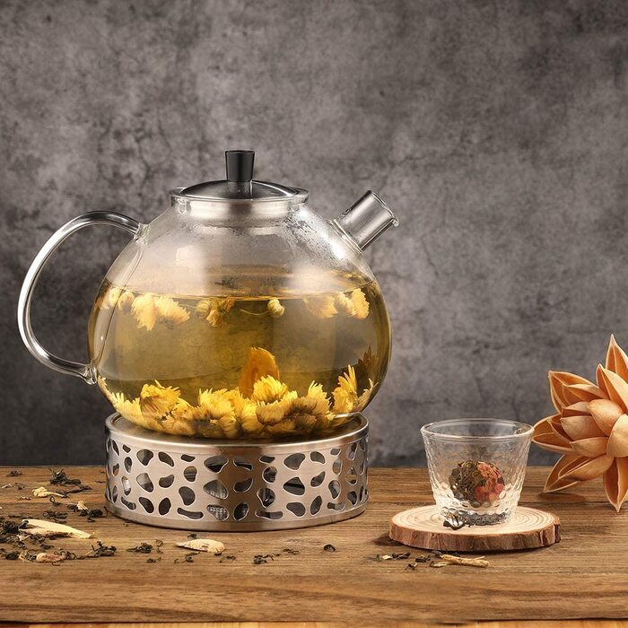 Оригінальний Срібний чайник ecooe з боросилікатного скла зі знімним чайником з нержавіючої сталі 18/8, термостійкий для чорного чаю, зеленого чаю, фруктового чаю, ароматизованого чаю, чайний пакетик (Тип 4, серебр2л, 2000 мл)
