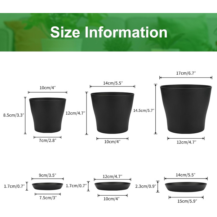 KINGLAKE Набір горщиків для квітів 8 шт. 17 см, пластикові горщики для рослин, кактусів, сукулентів з підставкою (Чорний, 14 см)
