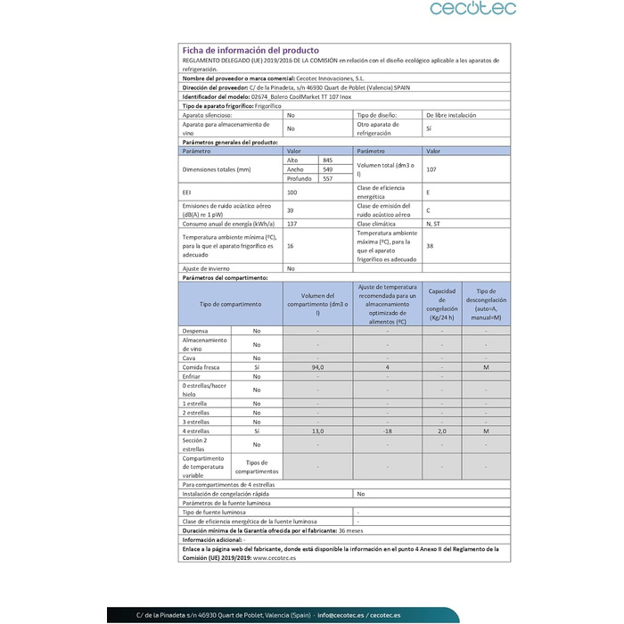 Міні-холодильник Cecotec Bolero CoolMarket TT 107: 107 л, Inox, регулювання температури, ящик для овочів, морозильна камера, тиха робота