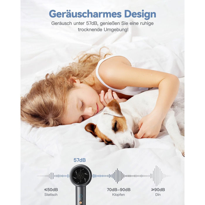 Іонний фен для волосся DEWILY з дифузором 1800 Вт, 3 температурних режими, компактний дорожній сунич для кучерявого волосся (сіро-чорний)