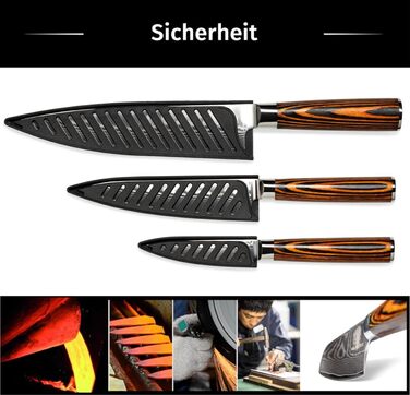 Набір кухонних ножів Wolfblood з дамаської сталі (32, 26, 20 см) - 67 шарів, 62 HRC, з захистом леза та подарунковою коробкою