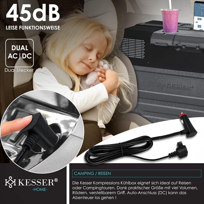 Автомобільний компресорний холодильник KESSER 42L з Wi-Fi, 12/24/230V. Морозильна камера до -20°C, колеса, телескопічна ручка для кемпінгу, фургону, вантажівки + 2 акумулятори холоду