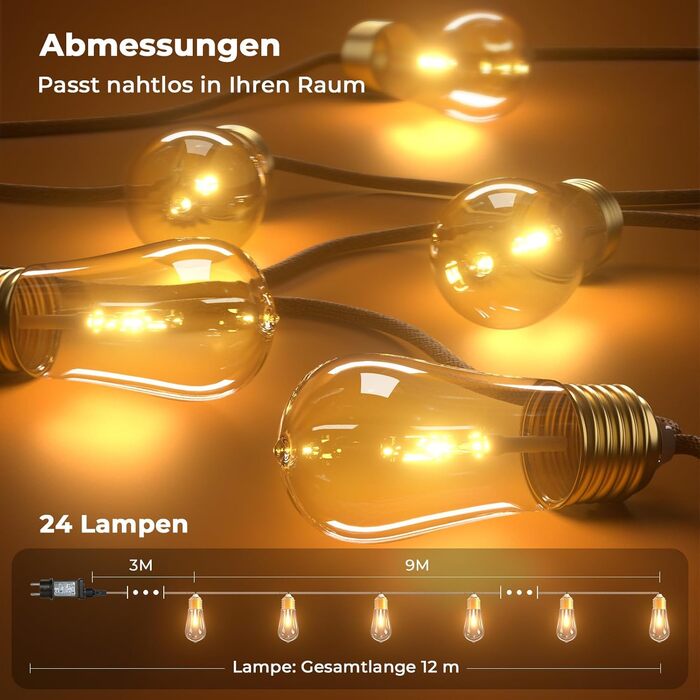 LED гірлянда для декору: 24 лампочки, 12 метрів, RGB, тепле біле світло, 8 режимів, таймер, диммування, для дому, саду, балкону, вечірки, святкування