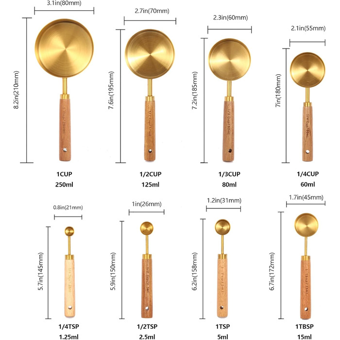 Золотий набір мірних чашок і ложок, дерев'яні ручки, нержавіюча сталь, 8 шт. , для приготування та випічки