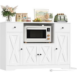Білий комод для кухні HOCSOK 120 см з полицями, мікрохвильовою печиркою та розеткою. Комод для кухні, вітальні, їдальні (120x85x40 см)