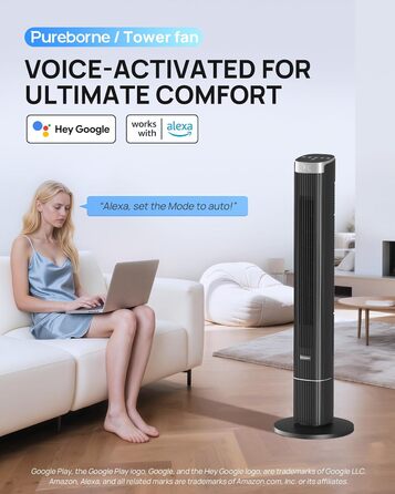 Турбовентилятор Leiser з осциляцією 90°, Wi-Fi, пульт, 4 швидкості, 4 режими, таймер 12 год, чорний, 102 см