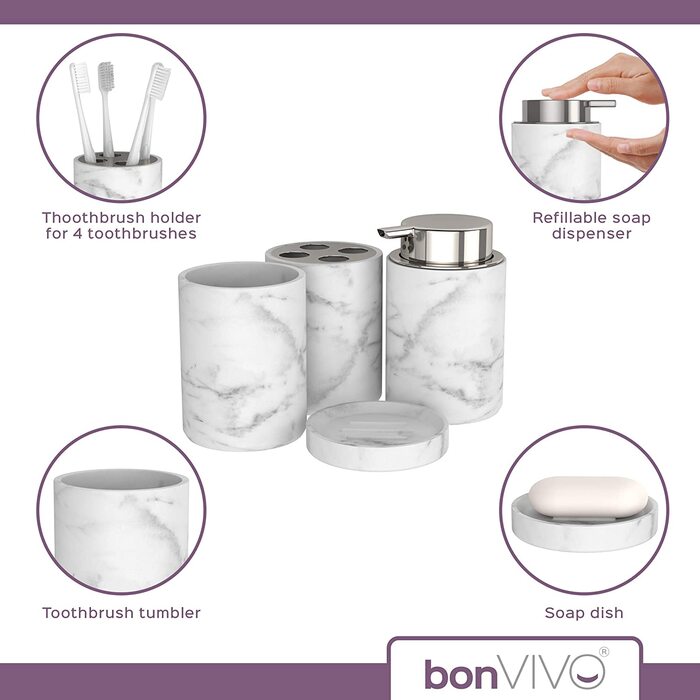Набір для ванної кімнати bonVIVO з чашкою для чищення зубів, тримачем для зубної щітки, мильницею і дозатором мила з 4 предметів-ванна кімната
