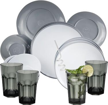 Набір меламінового посуду на 4 персони - 16 предметів - сіро-білий - з питним склом сірий 300мл Кемпінговий посуд Кемпінговий посуд (16 предметів - склянка для пиття сіра 400 мл)