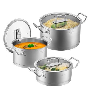 Набір каструль SILBERTHAL з нержавіючої сталі 3 шт (2.5л, 3.5л, 5л) для всіх типів плит, включаючи індукцію та духовку, зі скляними кришками, придатні для миття в посудомийній машині