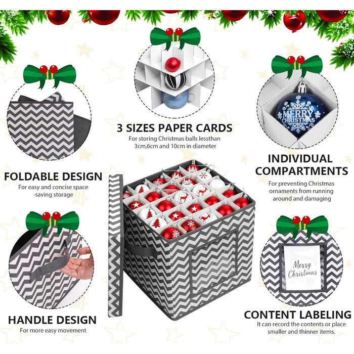 Коробка для зберігання прикрас на Новий рік, 166 відділень, з регульованими перегородками, кришкою та ручками, 31x31x30 см, червона, зі сніжинками, у білому кольорі (сіро-біла)