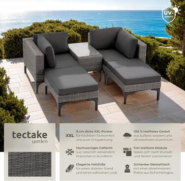 Тектейк® Садовий лаунж з ротангу, набір меблів для саду на 5 місць, модульний, з кутовим кріслом, пуфом, столиком, сірий, з подушками для сидіння та спинки