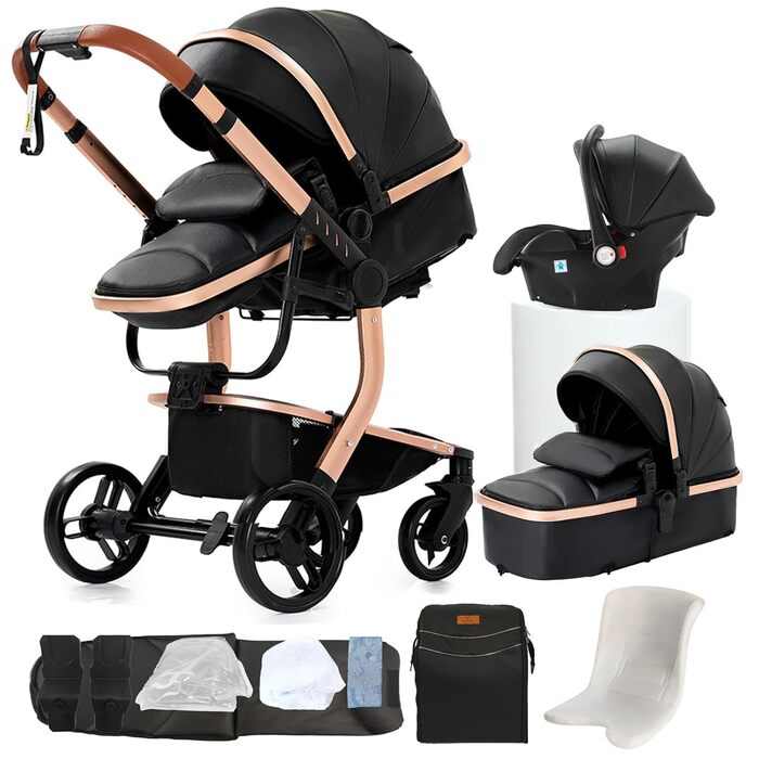 Дитяча коляска NADDLILY 3 в 1 з PU-шкіри, Buggy з регульованим сидінням, поворот на 360°, комбінована коляска, складна та портативна, комплект, висока позиція (906 Brown) (3 в 1 B518 Black+Changing Bag, 3 в 1-B518 Model+Changing Bag)