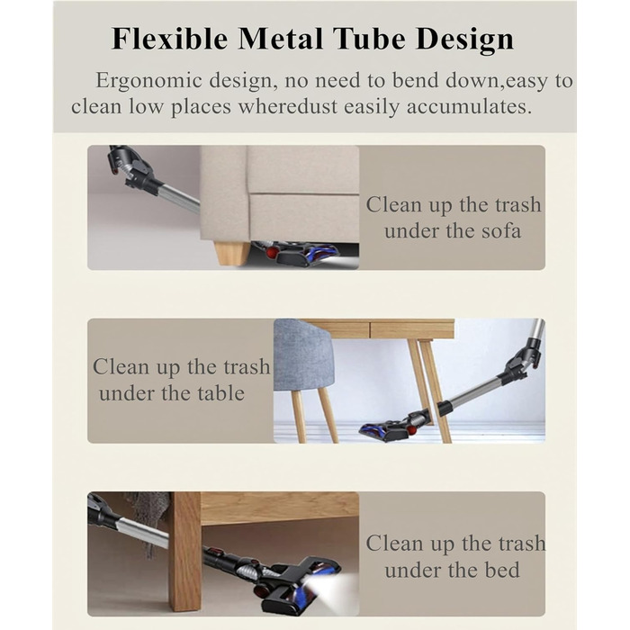 Пилосос Бездротовий, Акумуляторний пилосос 21 кПа/30 кПа Регульована потужність всмоктування, з автоматичним набором, щілинна насадка Легкий пилосос проти заплутування Пилосос Stick Пилосос для твердої підлоги Килим Шерсть домашніх тварин без світлодіодно