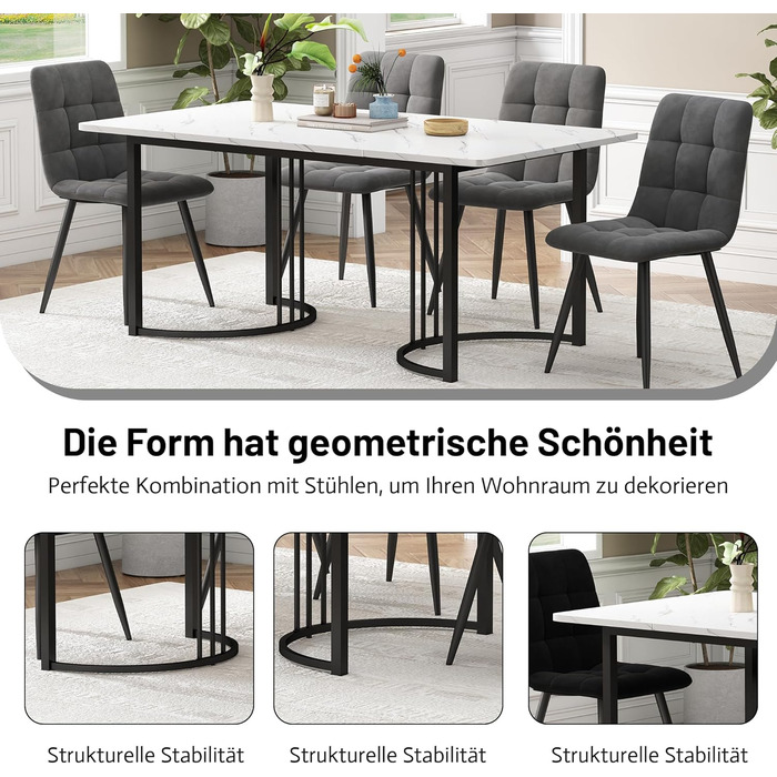 Обідній стіл Merax 140x80 см з імітацією мармуру, для 4-6 осіб, металевий каркас, регульовані ніжки, білий/чорний