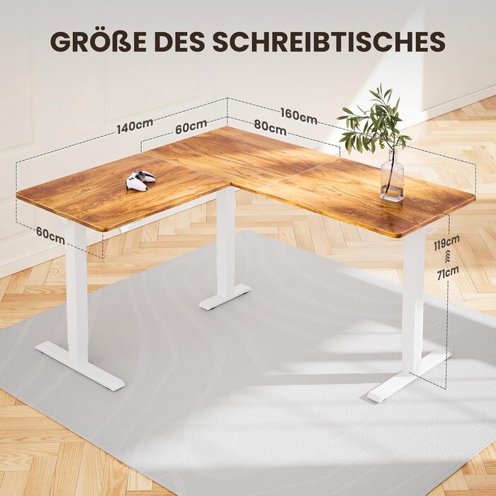 Електричний кутовий стіл ErGear з регулюванням висоти, 160 x 140 см, білий, з індивідуальним мотором та 4-ма пам'ятями