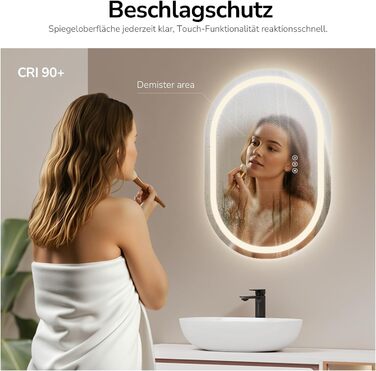 Дзеркало для ванної кімнати EMKE з підсвічуванням 50x90 см овальне, сенсорне керування, 3 кольори світла, регулювання яскравості, антизапарник, функція пам'яті, автовимкнення через 3 години