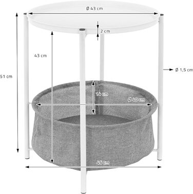 Журнальний стіл ML-Design круглий Ø46 x H51 см, білий, металевий, журнальний столик з тканинним кошиком і знімним підносом, диванний стіл з кошиком для зберігання, сучасний дизайн, маленький столик, стіл для вітальні Приліжкова тумбочка