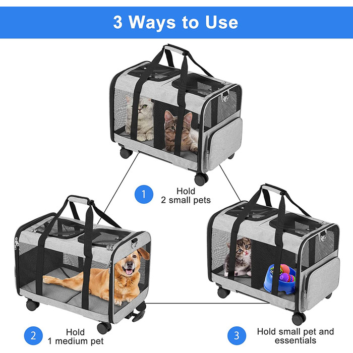 Сумка для перенесення FASNATI з двома відділеннями і знімною візком для кішок / собак, сумка для перенесення з коліщатками для 2 кішок / собак, супер вентильований дизайн, Ідеально підходить для подорожей / прогулянок / кемпінгу, сірий