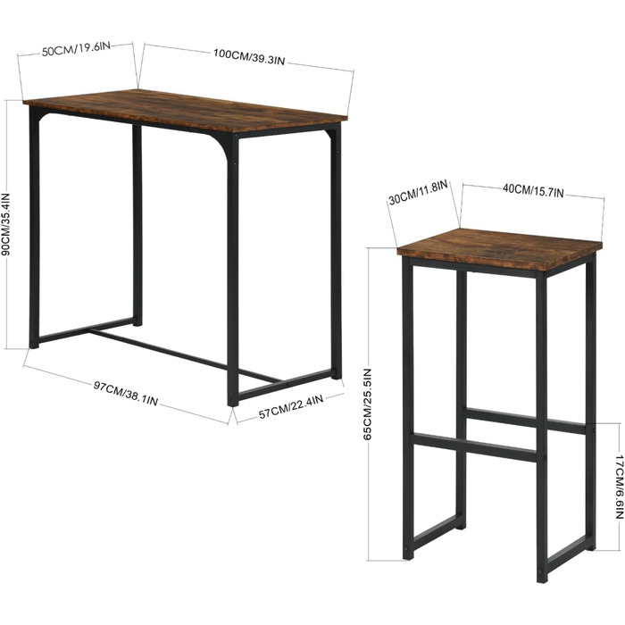 Набір барних столів ZZINOKE, 4 стільці, індустріальний стиль, для кухні/їдальні, 1005090 см, вінтажний коричневий