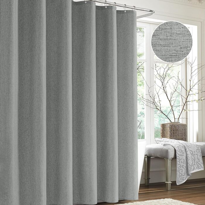 Шторка для душу з льону з металевими кільцями, сіра, 182 x 214 см - Текстильна шторка для ванни, вологостійка, важка