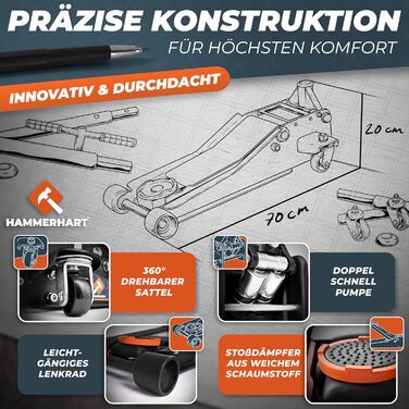 Гідравлічний домкрат HAMMERHART 3T з низьким профілем, 75-505мм, колеса 360°, подвійний поршень, гумова накладка, Т-ручка - Преміум якість