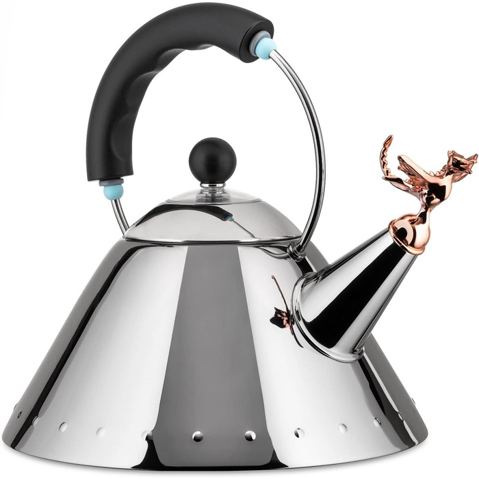 Чайник Alessi Rex Tea 9093REX - нержавіюча сталь 18/10, полірована, з чорною ручкою та мідним свистком у формі доісторичної рептилії