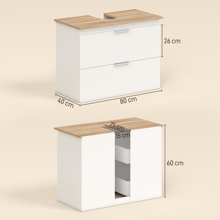 Підвісна шафка під раковину для ванної кімнати, 80 см, з двома великими висувними ящиками (підходить для раковин зі зливом та без), колір білий.