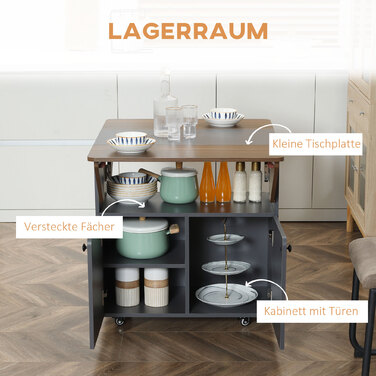 Складаний столик-шафа з двома відкидними боковинами, полицею всередині, на 4 колесах, світло-сірий + темно-коричневий, 70 x 83 x 75 см