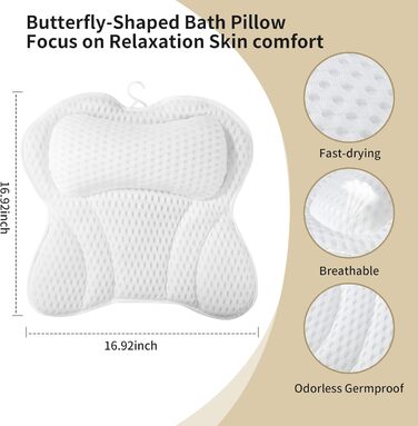 Подушка для ванни 4D сітка з присосками, біла - підтримка шиї, плечей, голови та спини для релаксації
