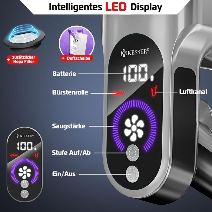 Бездротовий акумуляторний пилосос KESSER® з LED дисплеєм, до 60 хв роботи, тихий, без мішка, з антизаплутуючою насадкою, HEPA фільтром, аромакапсулою (чорний/сірий)