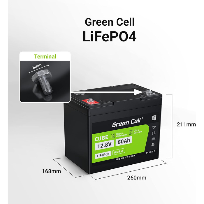 Акумуляторна батарея Green Cell LiFePO4 80 Ah 12,8 V 1024 Втгод з BMS, термін служби для автофургону 10 років