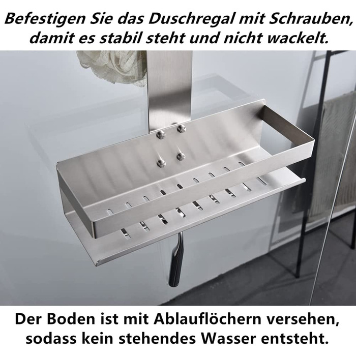 Настінна поличка для душу з 2 ярусами, нержавіюча сталь SUS304, з гачками, для скляних душових кабін, H30BN-2DH, 2 відділення, матове нікель