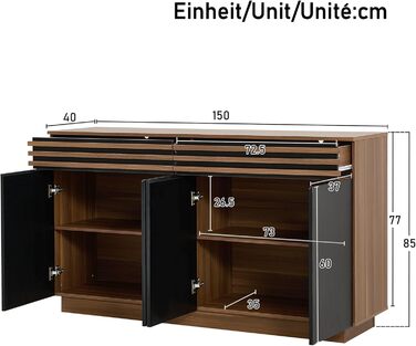 Комод з подвійними дверцятами та 3 висувними ящиками, дерев'яний, 140x40x76 см (150x40x85 см)