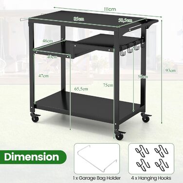 Візок для гриля Komfotteu з металу, садовий візок з робочим столом, 4 полиці та ручка, візок для гриля з 6 гачками та тримачем для сміттєвих пакетів, чорний