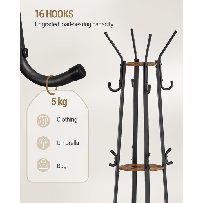 Вішалка для одягу Hzuaneri з великим кошиком для зберігання, 3 полиці, 16 гачків, 182,5 см, коричнево-чорна CR27301B